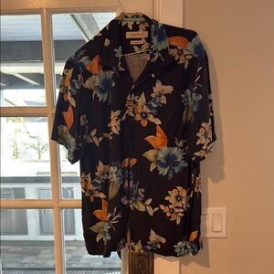 Tommy Bahama Black Shirt with Orange and Blue Floral Design